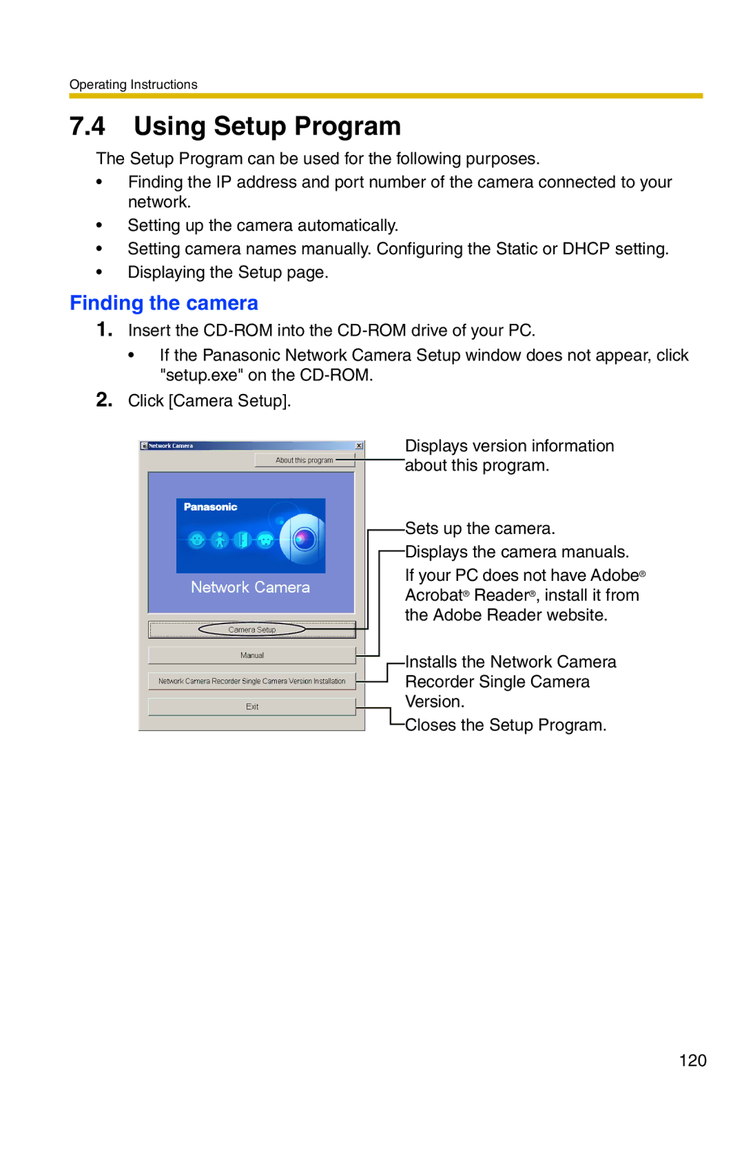 Panasonic BL-C1 operating instructions Using Setup Program, Finding the camera 