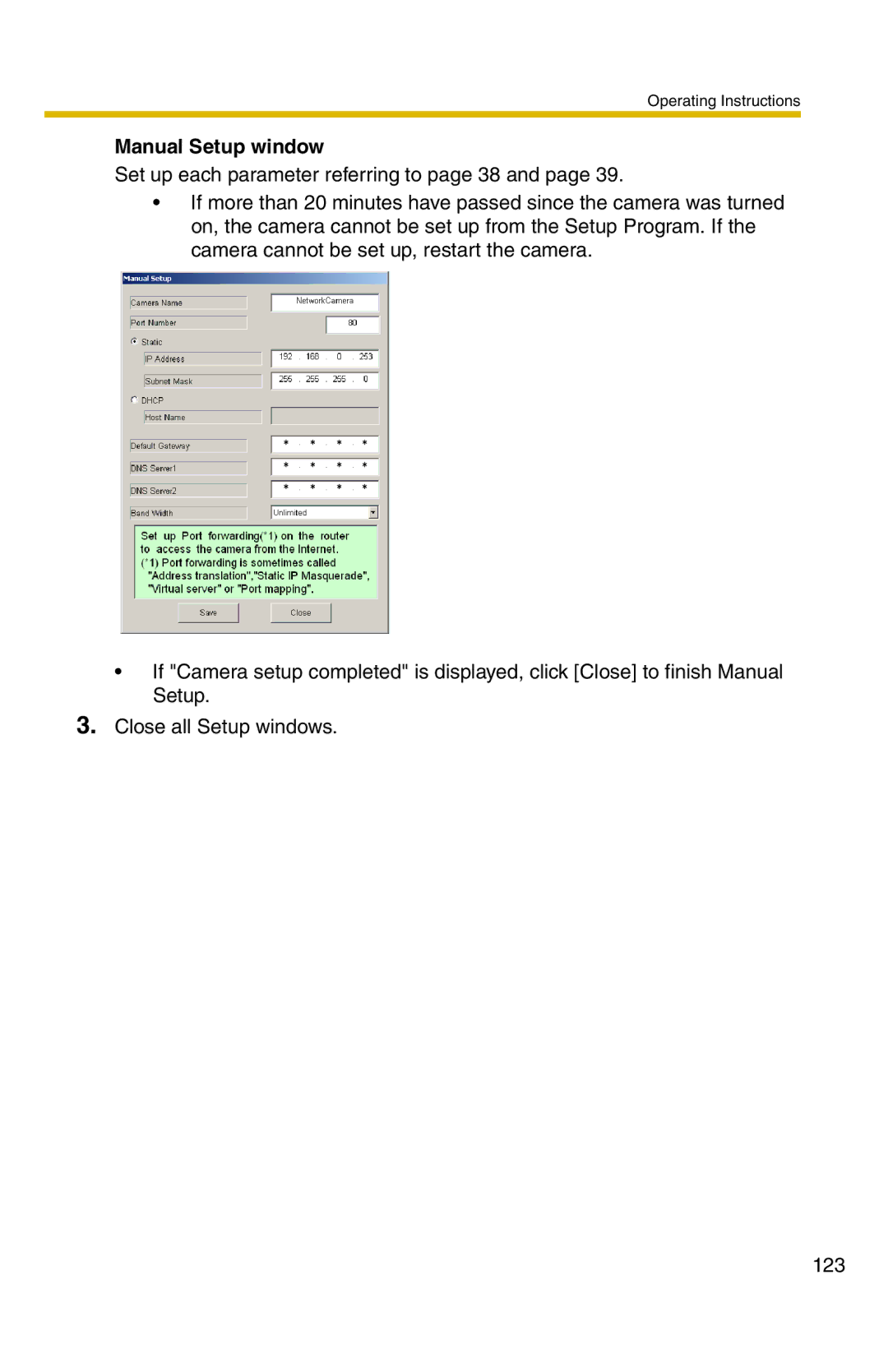 Panasonic BL-C1 operating instructions Manual Setup window 