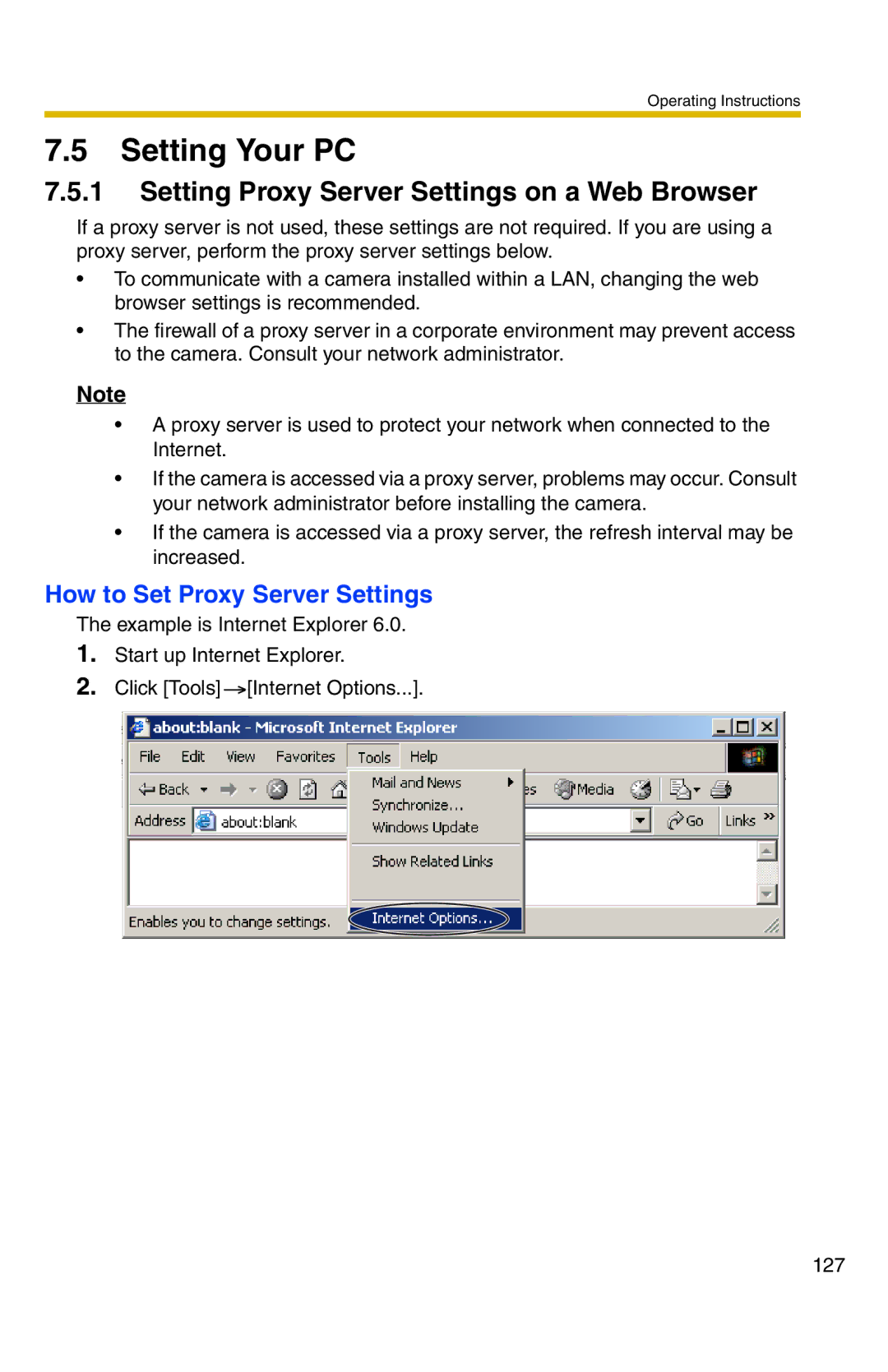 Panasonic BL-C1 Setting Your PC, Setting Proxy Server Settings on a Web Browser, How to Set Proxy Server Settings 