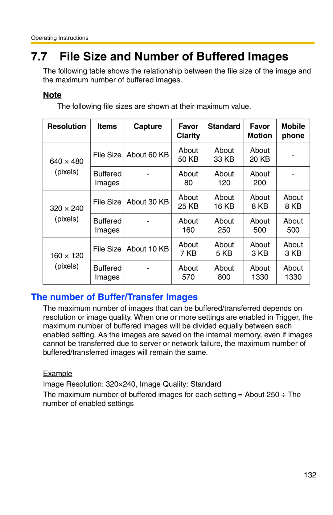 Panasonic BL-C1 operating instructions File Size and Number of Buffered Images, Number of Buffer/Transfer images 