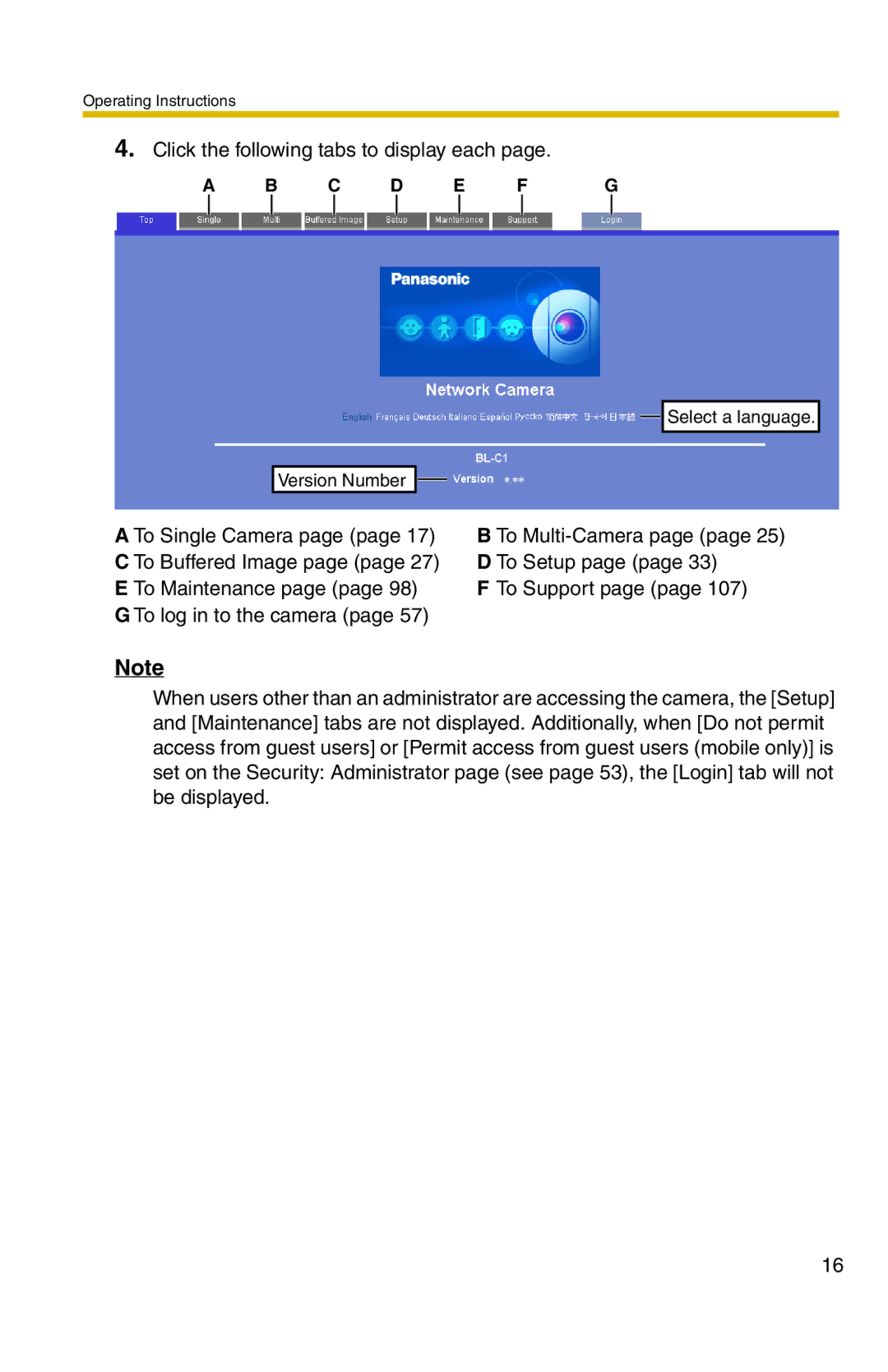 Panasonic BL-C1 operating instructions Click the following tabs to display each 