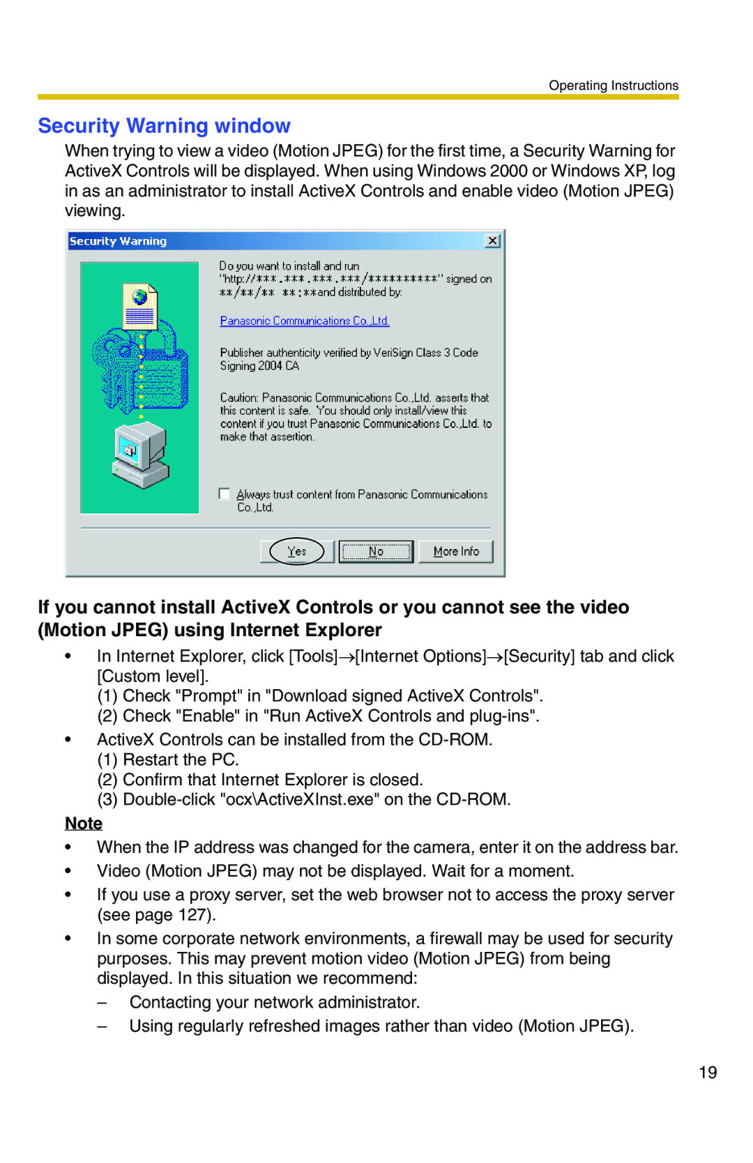 Panasonic BL-C1 operating instructions Security Warning window 