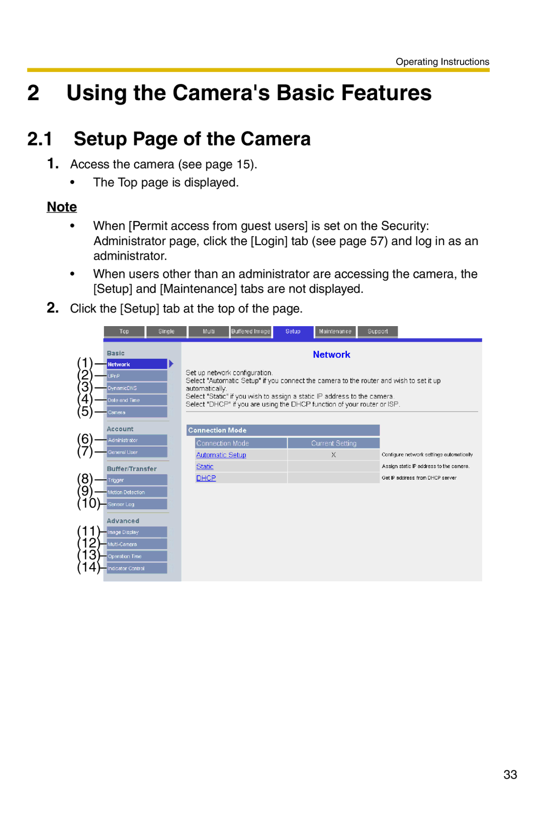 Panasonic BL-C1 operating instructions Using the Cameras Basic Features, Setup Page of the Camera 