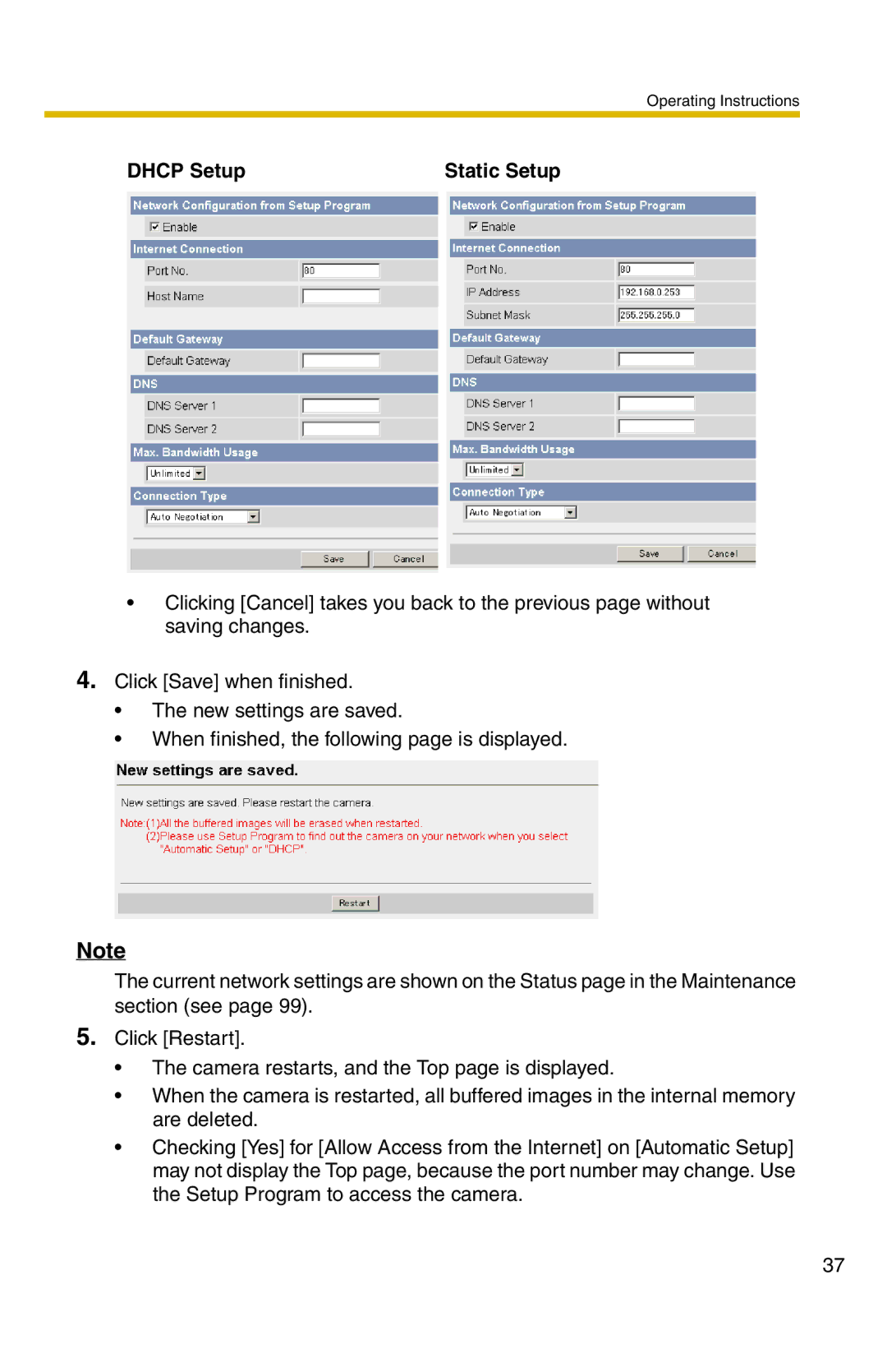 Panasonic BL-C1 operating instructions Dhcp Setup Static Setup 