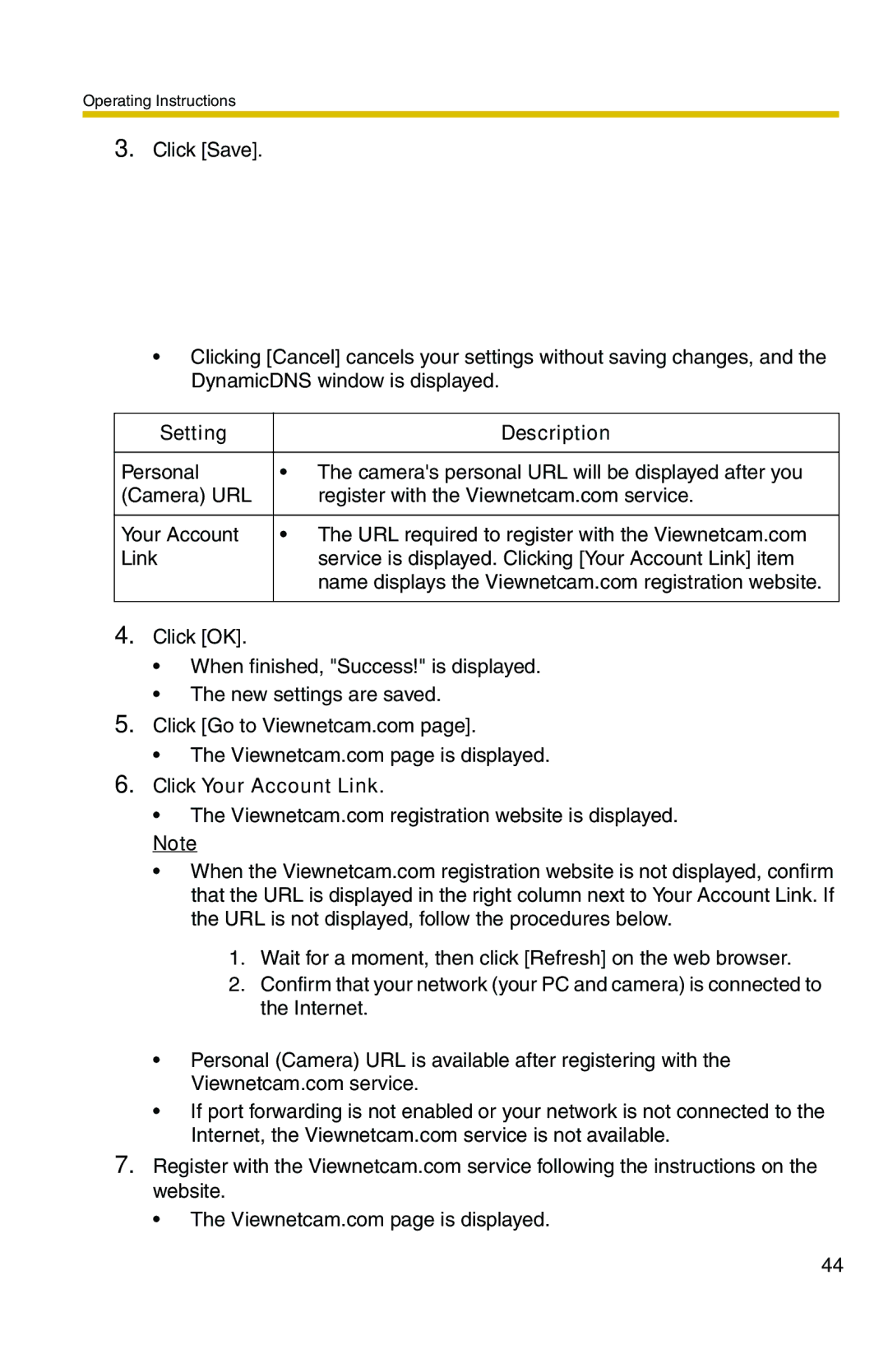 Panasonic BL-C1 operating instructions Setting Description, Click Your Account Link 