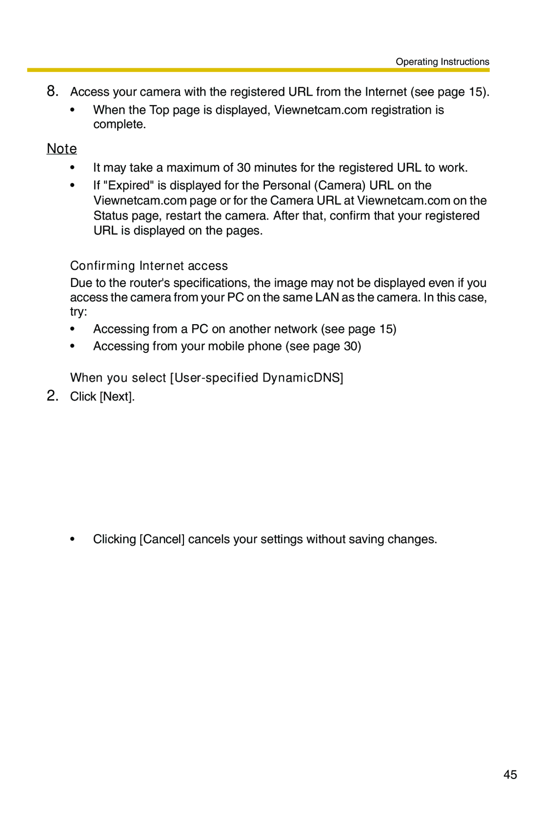 Panasonic BL-C1 operating instructions Confirming Internet access, When you select User-specified DynamicDNS 