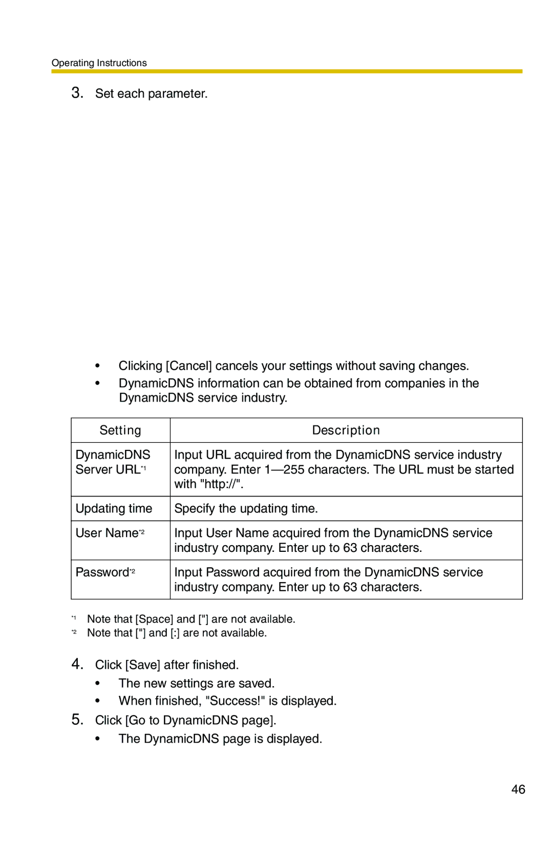 Panasonic BL-C1 operating instructions Setting Description 