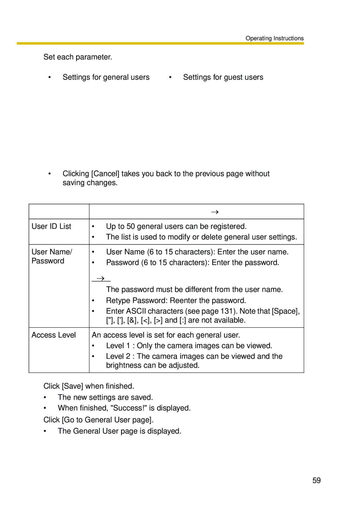 Panasonic BL-C1 operating instructions Set each parameter Settings for general users 