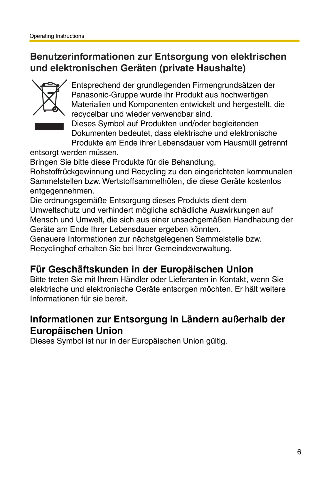 Panasonic BL-C1 operating instructions Für Geschäftskunden in der Europäischen Union 