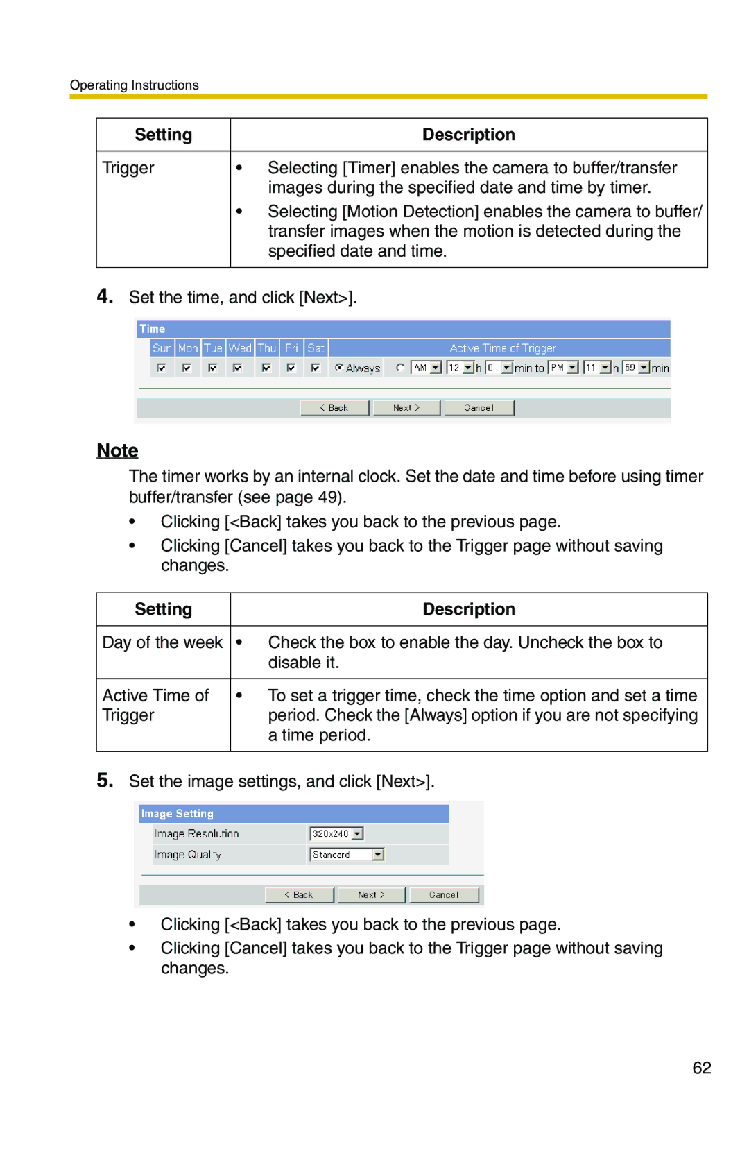 Panasonic BL-C1 operating instructions To set a trigger time, check the time option and set a time 