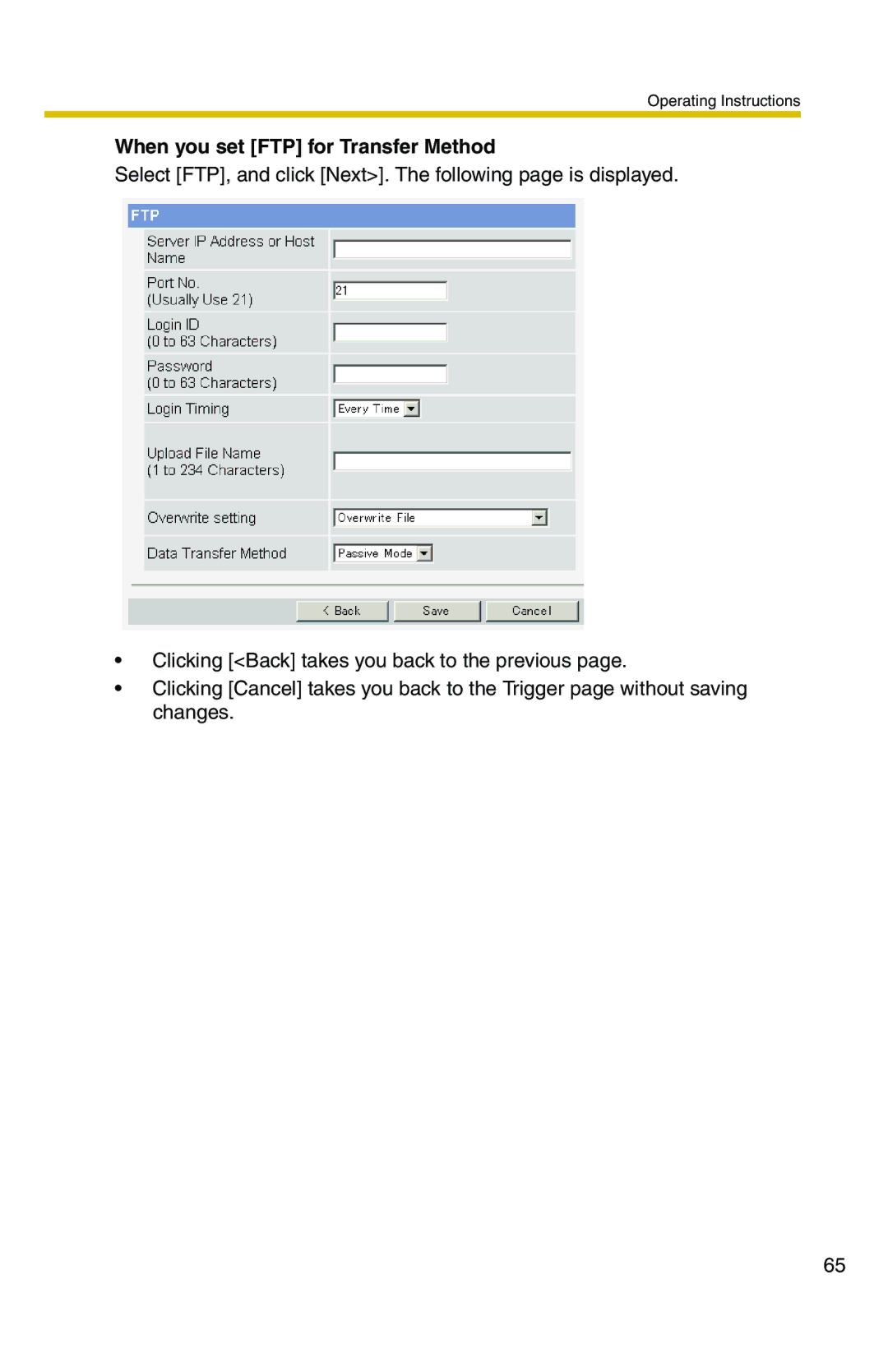 Panasonic BL-C1 operating instructions When you set FTP for Transfer Method 