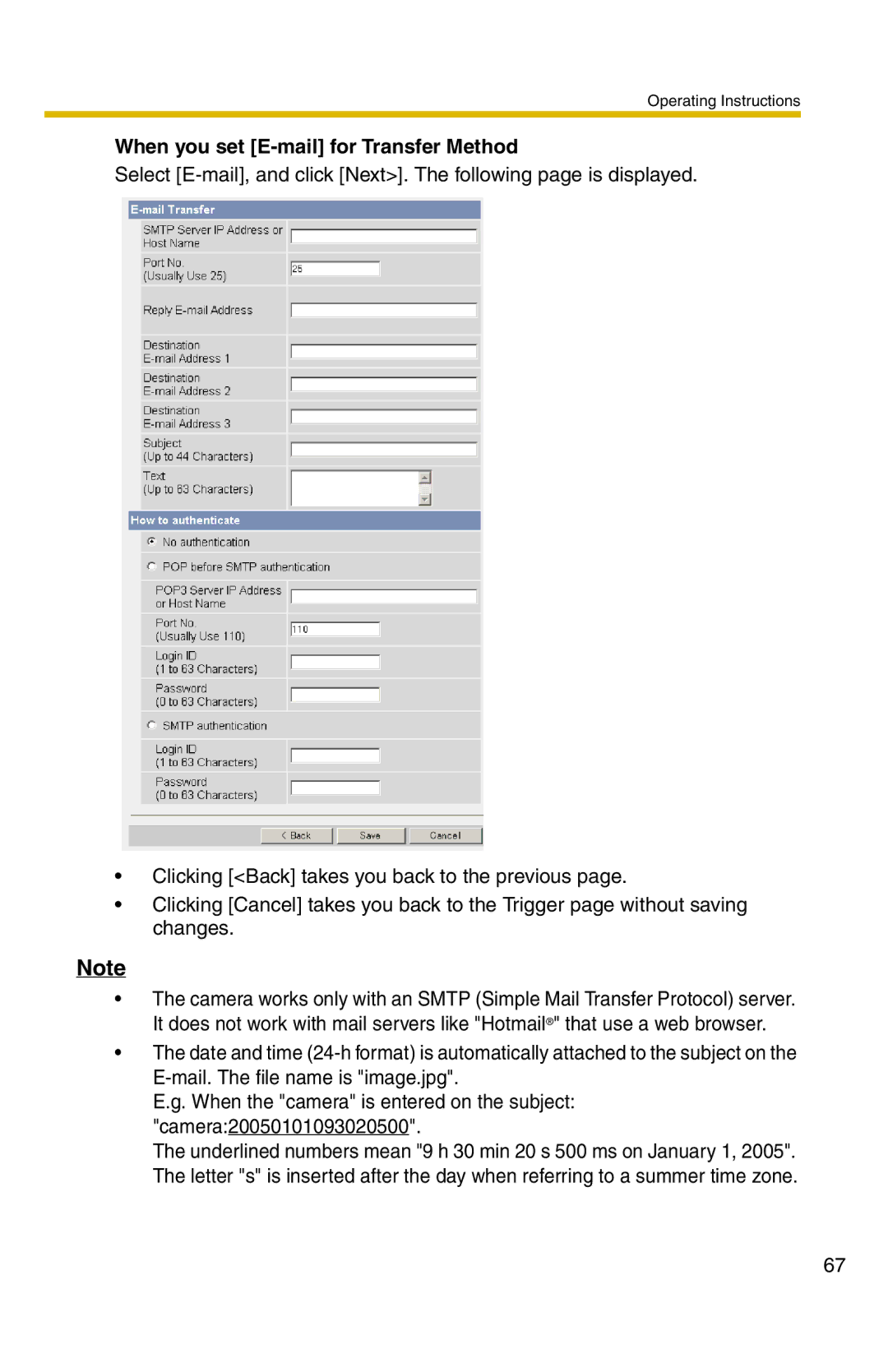 Panasonic BL-C1 operating instructions When you set E-mail for Transfer Method 