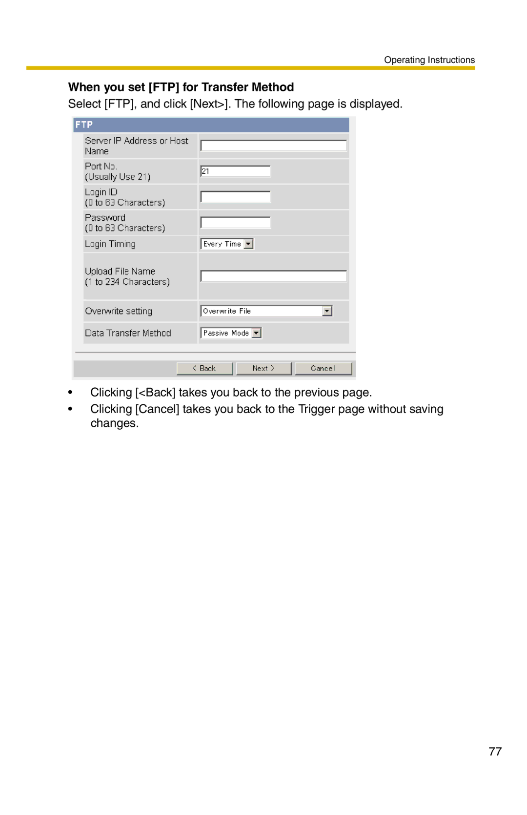 Panasonic BL-C1 operating instructions When you set FTP for Transfer Method 