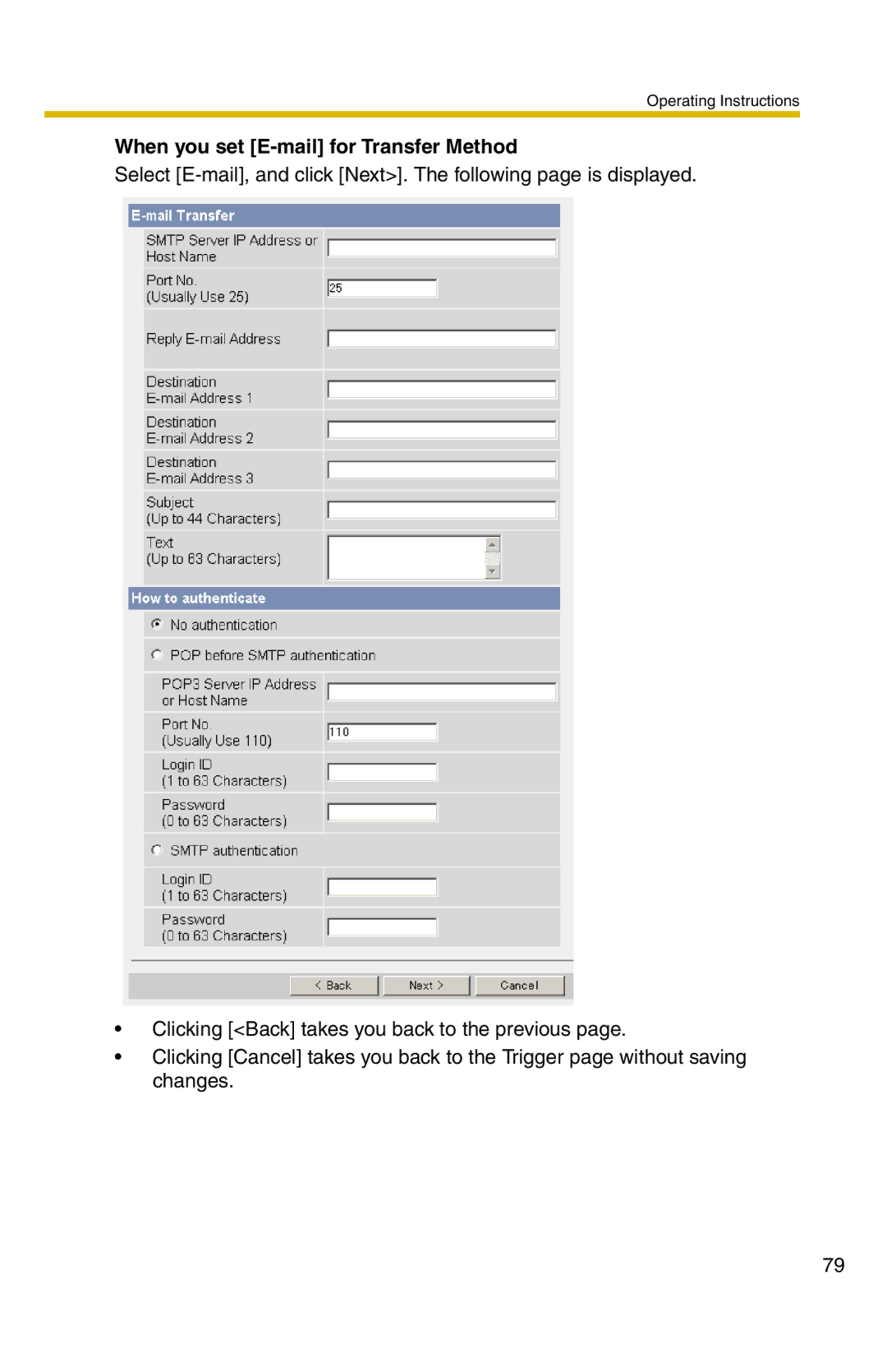 Panasonic BL-C1 operating instructions When you set E-mail for Transfer Method 