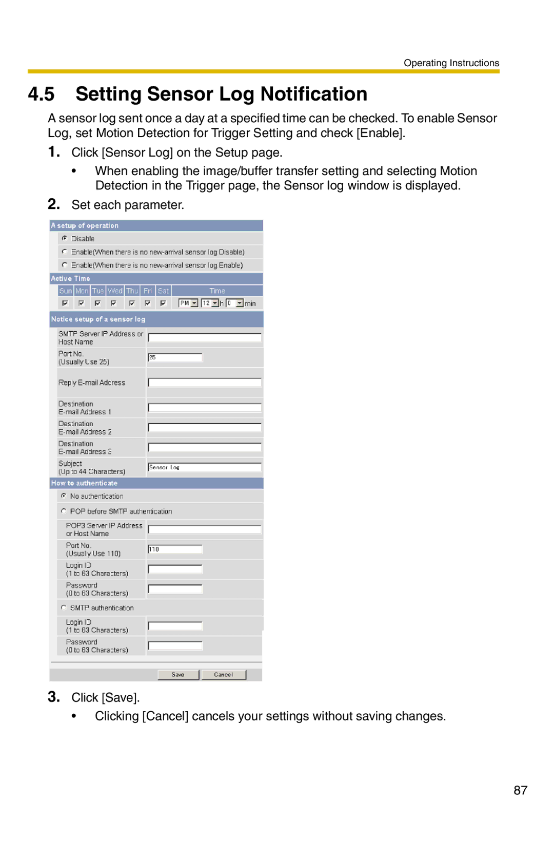 Panasonic BL-C1 operating instructions Setting Sensor Log Notification 