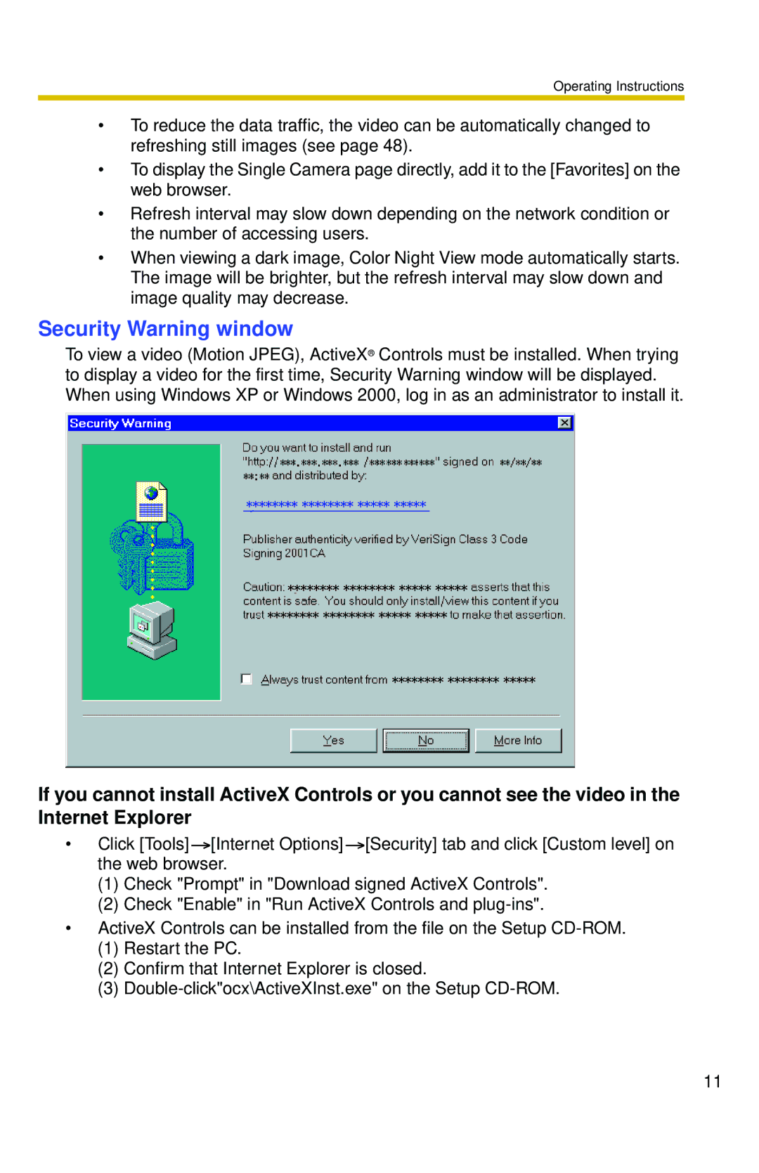 Panasonic BL-C10 operating instructions Security Warning window 