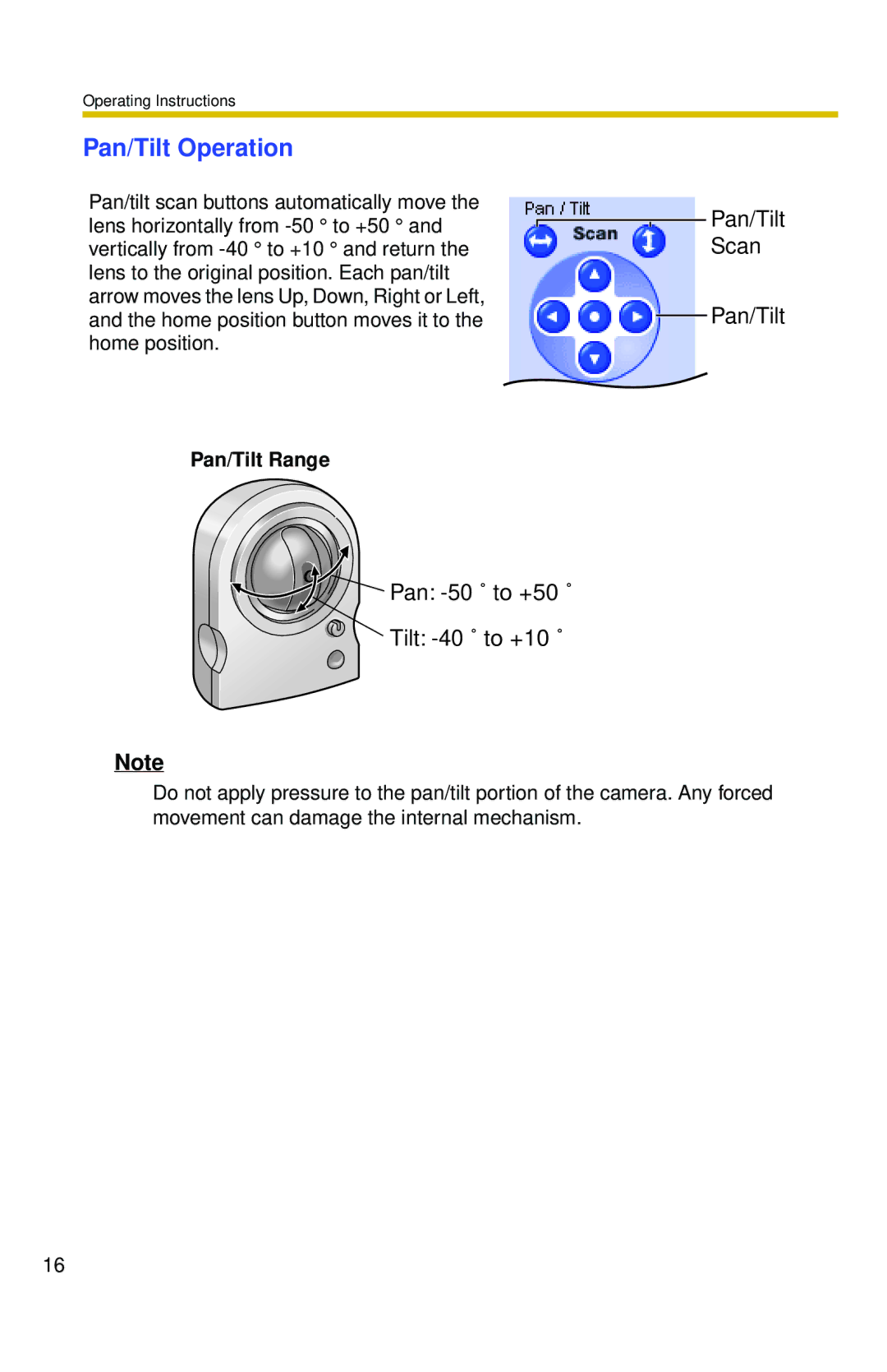 Panasonic BL-C10 operating instructions Pan/Tilt Operation, Pan/Tilt Range 