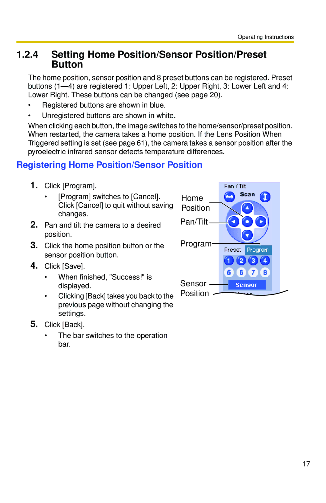 Panasonic BL-C10 Setting Home Position/Sensor Position/Preset Button, Registering Home Position/Sensor Position 