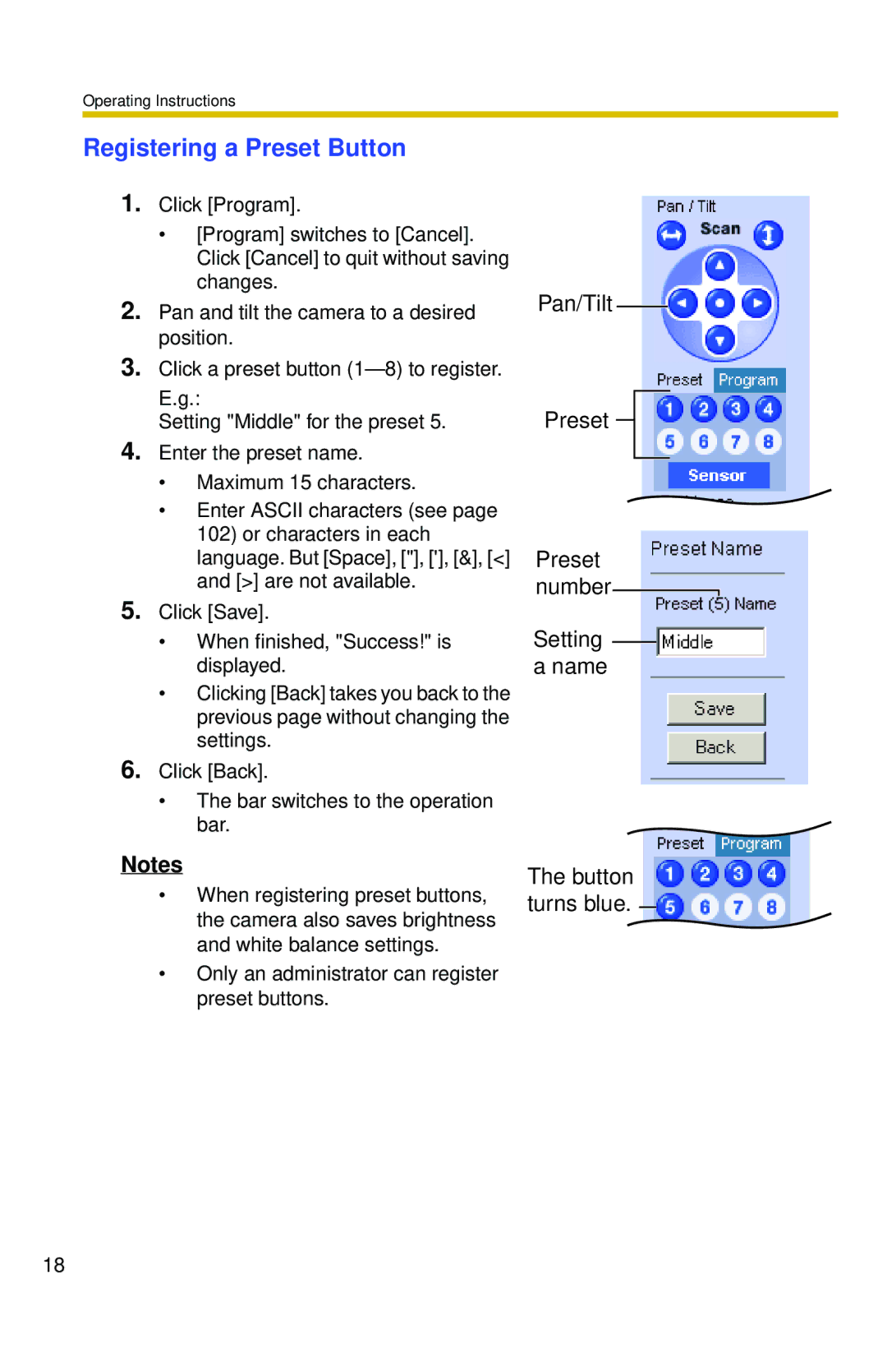 Panasonic BL-C10 operating instructions Registering a Preset Button, Pan/Tilt Preset Preset number Setting a name 