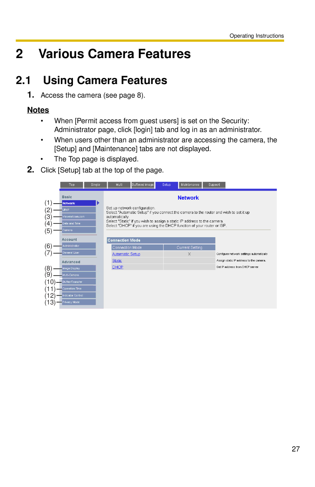 Panasonic BL-C10 operating instructions Various Camera Features, Using Camera Features 