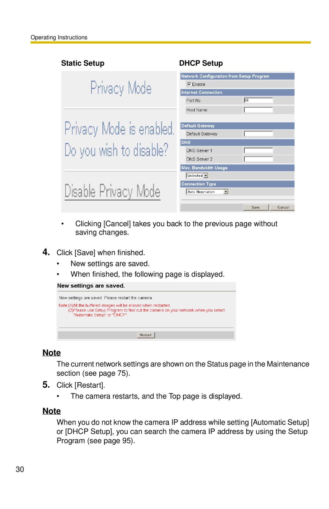 Panasonic BL-C10 operating instructions Static Setup Dhcp Setup 