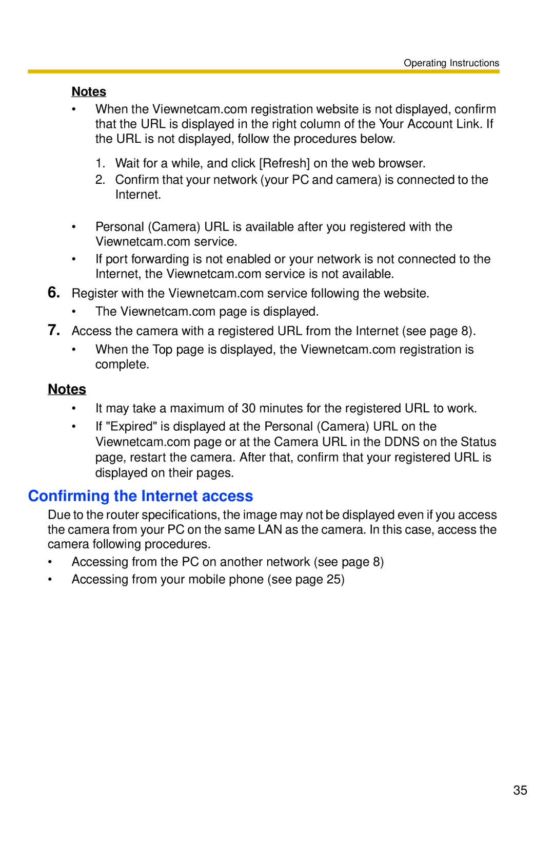 Panasonic BL-C10 operating instructions Confirming the Internet access 