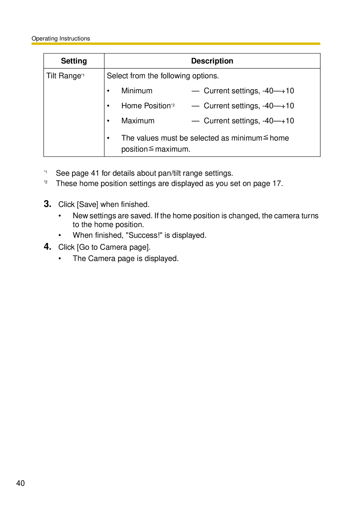 Panasonic BL-C10 operating instructions Setting Description 