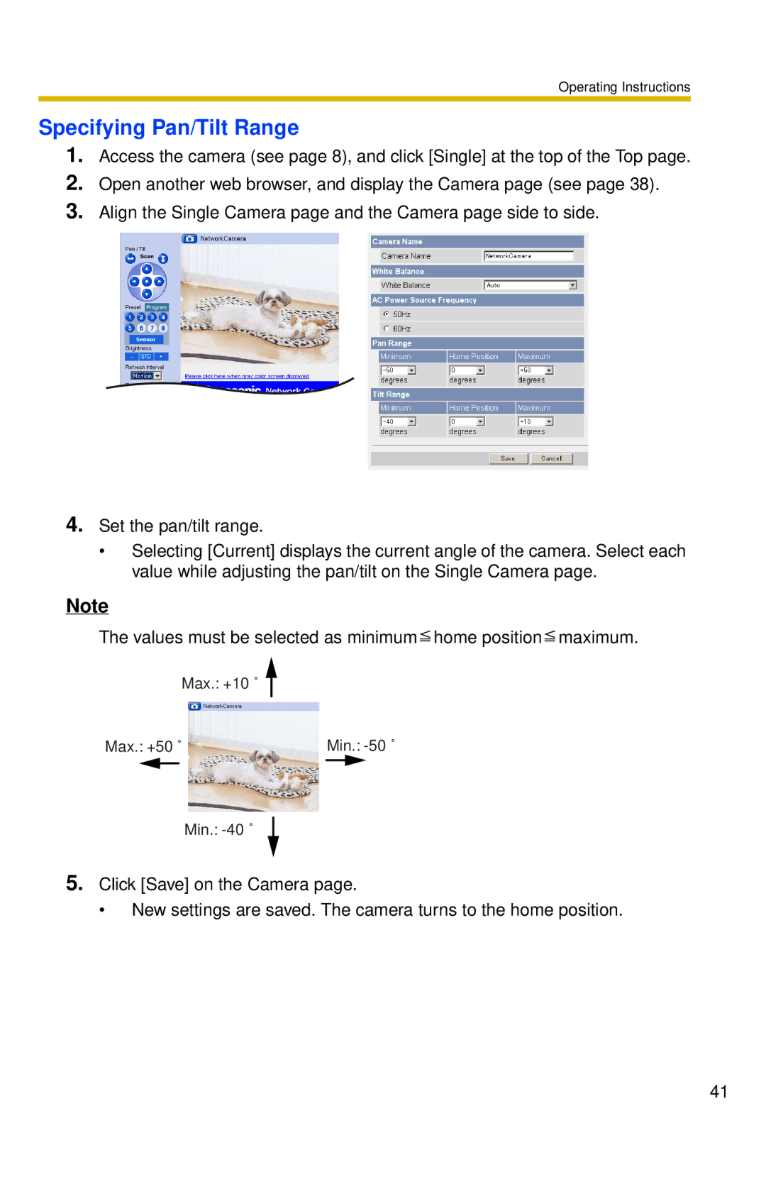 Panasonic BL-C10 operating instructions Specifying Pan/Tilt Range 