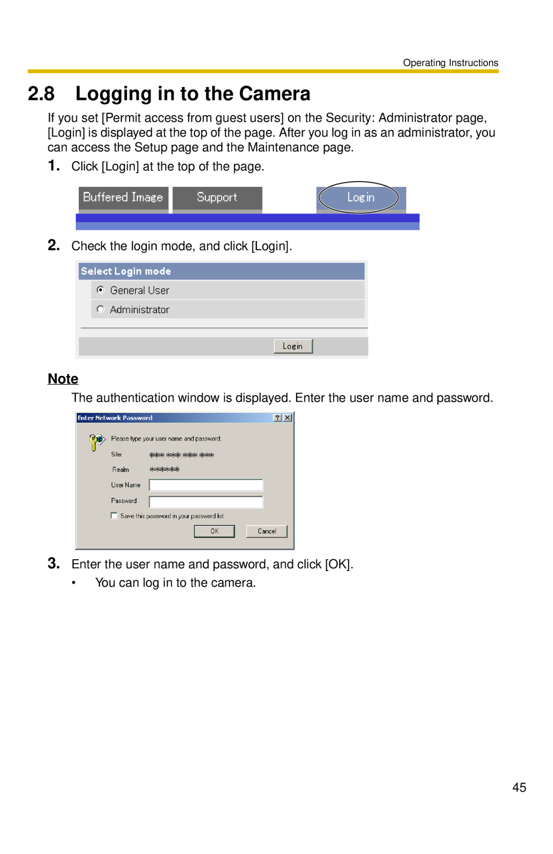 Panasonic BL-C10 operating instructions Logging in to the Camera 