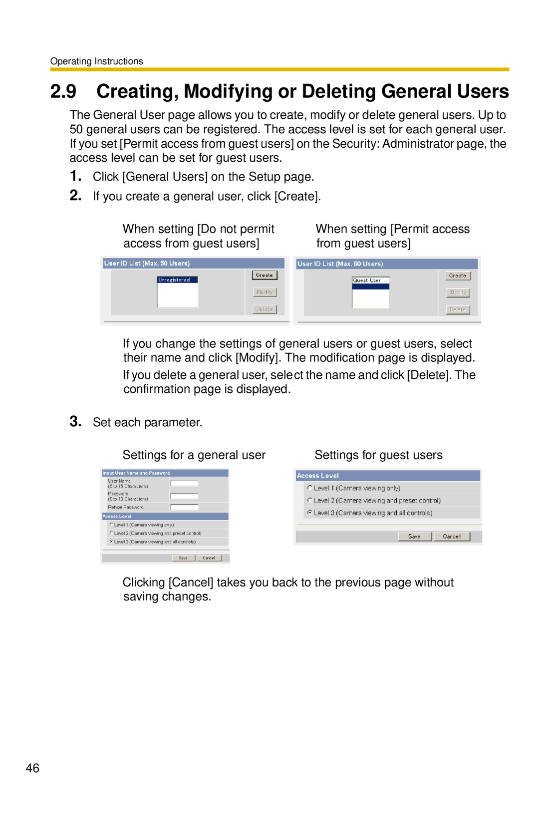 Panasonic BL-C10 Creating, Modifying or Deleting General Users, Access from guest users From guest users 