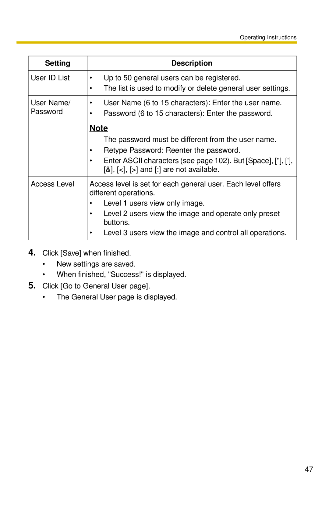 Panasonic BL-C10 operating instructions Setting Description 