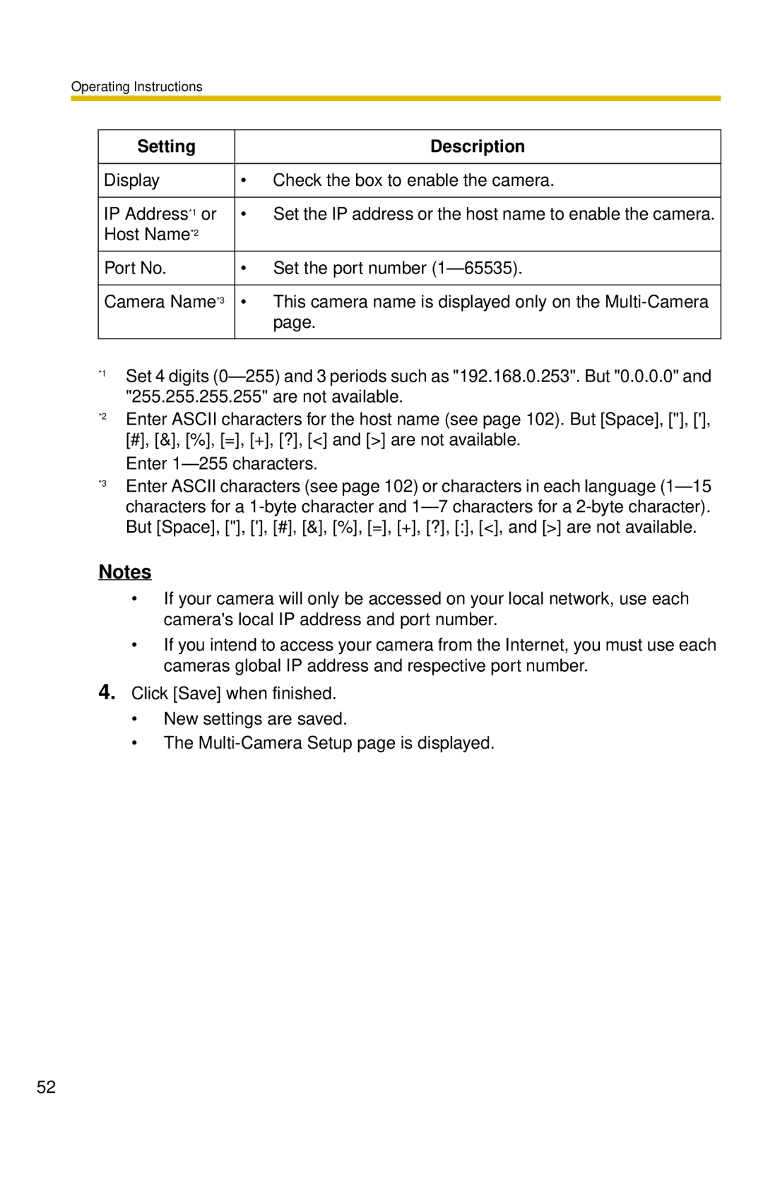 Panasonic BL-C10 operating instructions Setting Description 