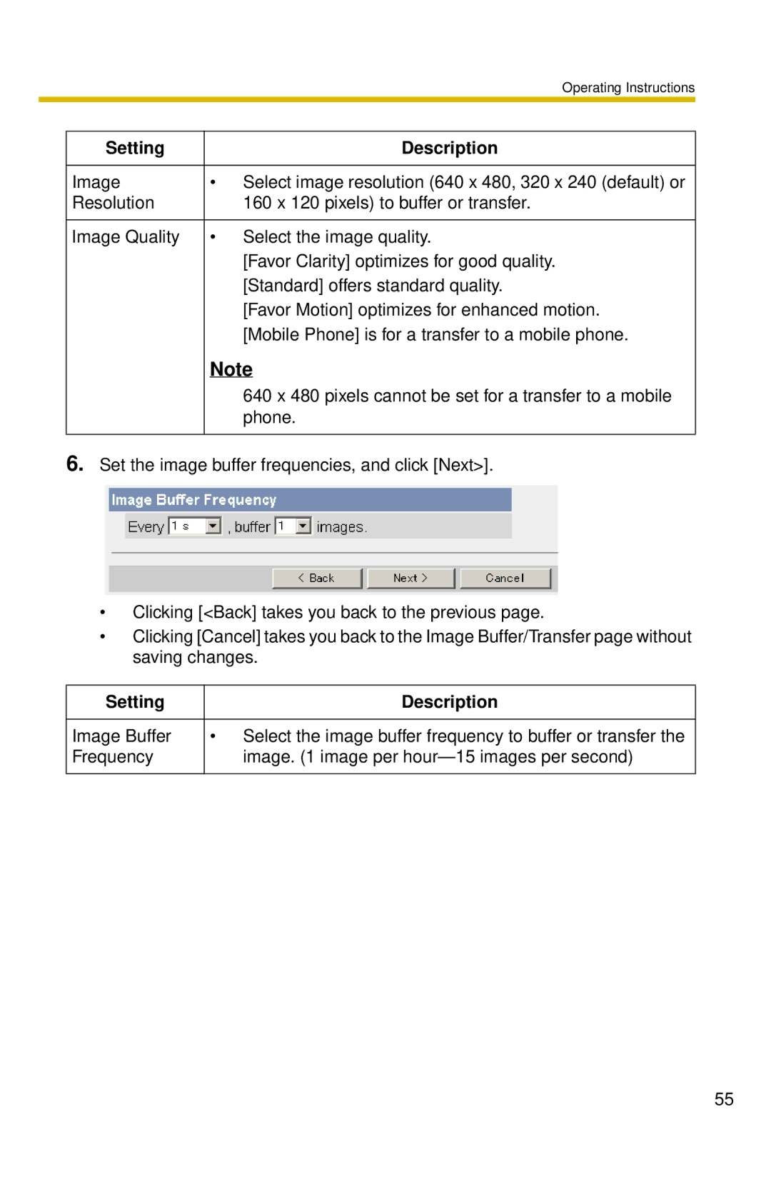 Panasonic BL-C10 operating instructions Setting Description 