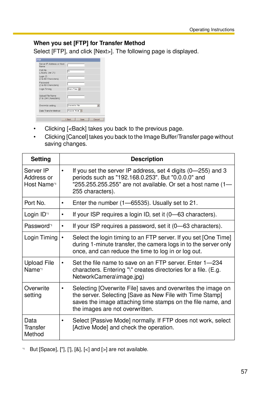 Panasonic BL-C10 operating instructions When you set FTP for Transfer Method 