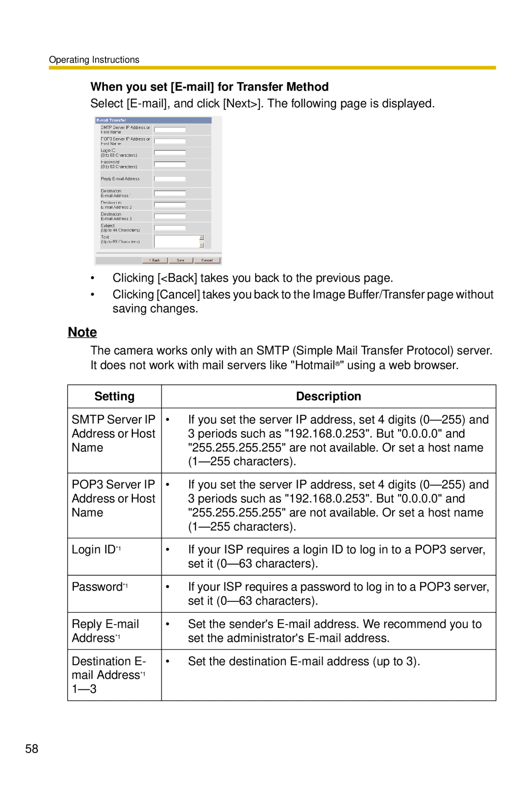 Panasonic BL-C10 operating instructions When you set E-mail for Transfer Method 