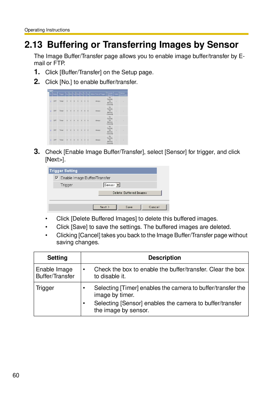 Panasonic BL-C10 operating instructions Buffering or Transferring Images by Sensor 