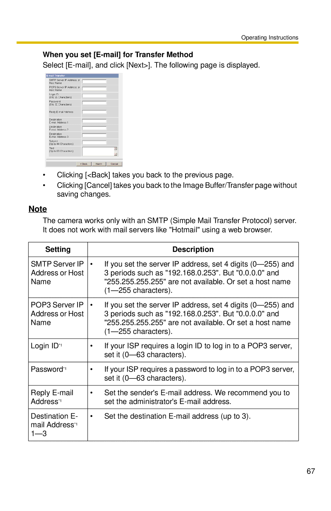 Panasonic BL-C10 operating instructions When you set E-mail for Transfer Method 