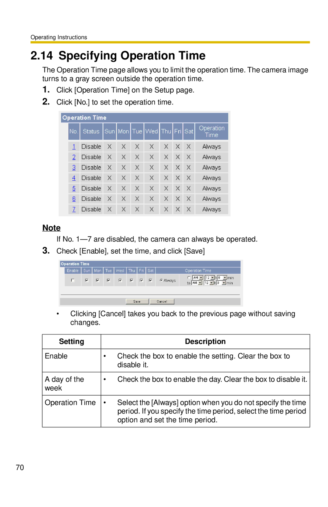 Panasonic BL-C10 operating instructions Specifying Operation Time 