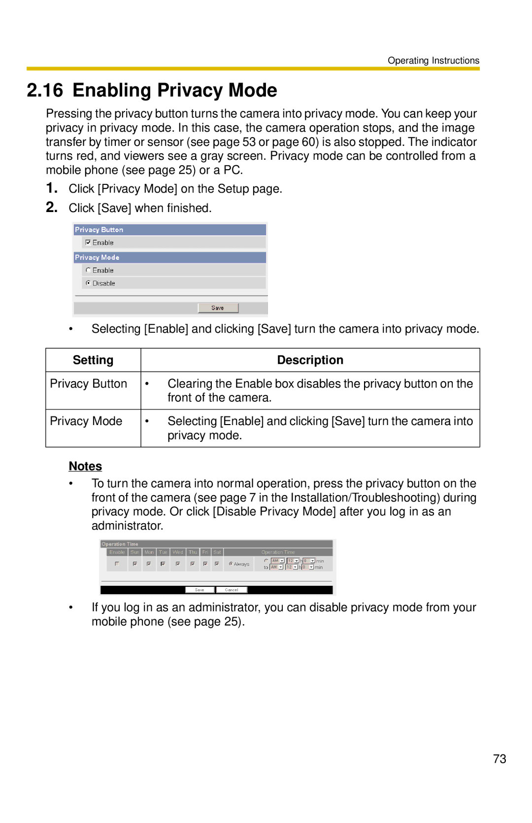 Panasonic BL-C10 operating instructions Enabling Privacy Mode, Setting Description 