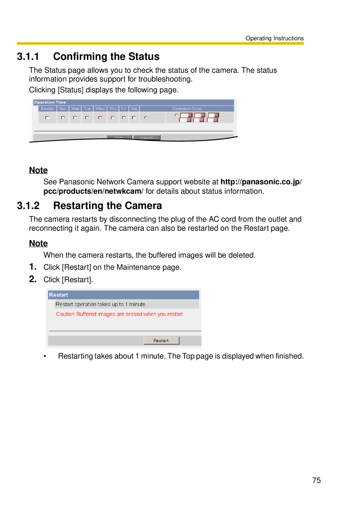 Panasonic BL-C10 operating instructions Confirming the Status, Restarting the Camera 