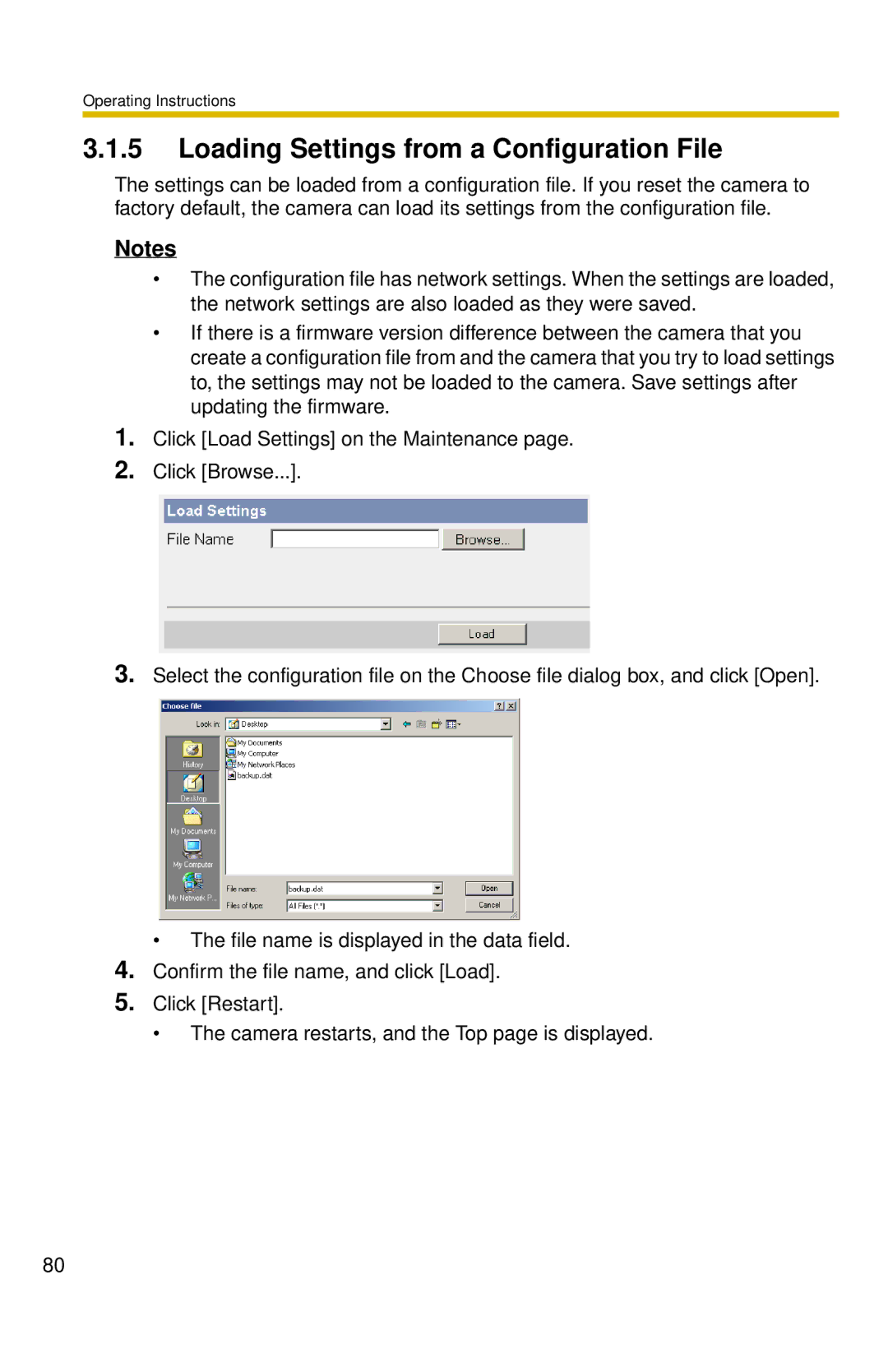 Panasonic BL-C10 operating instructions Loading Settings from a Configuration File 