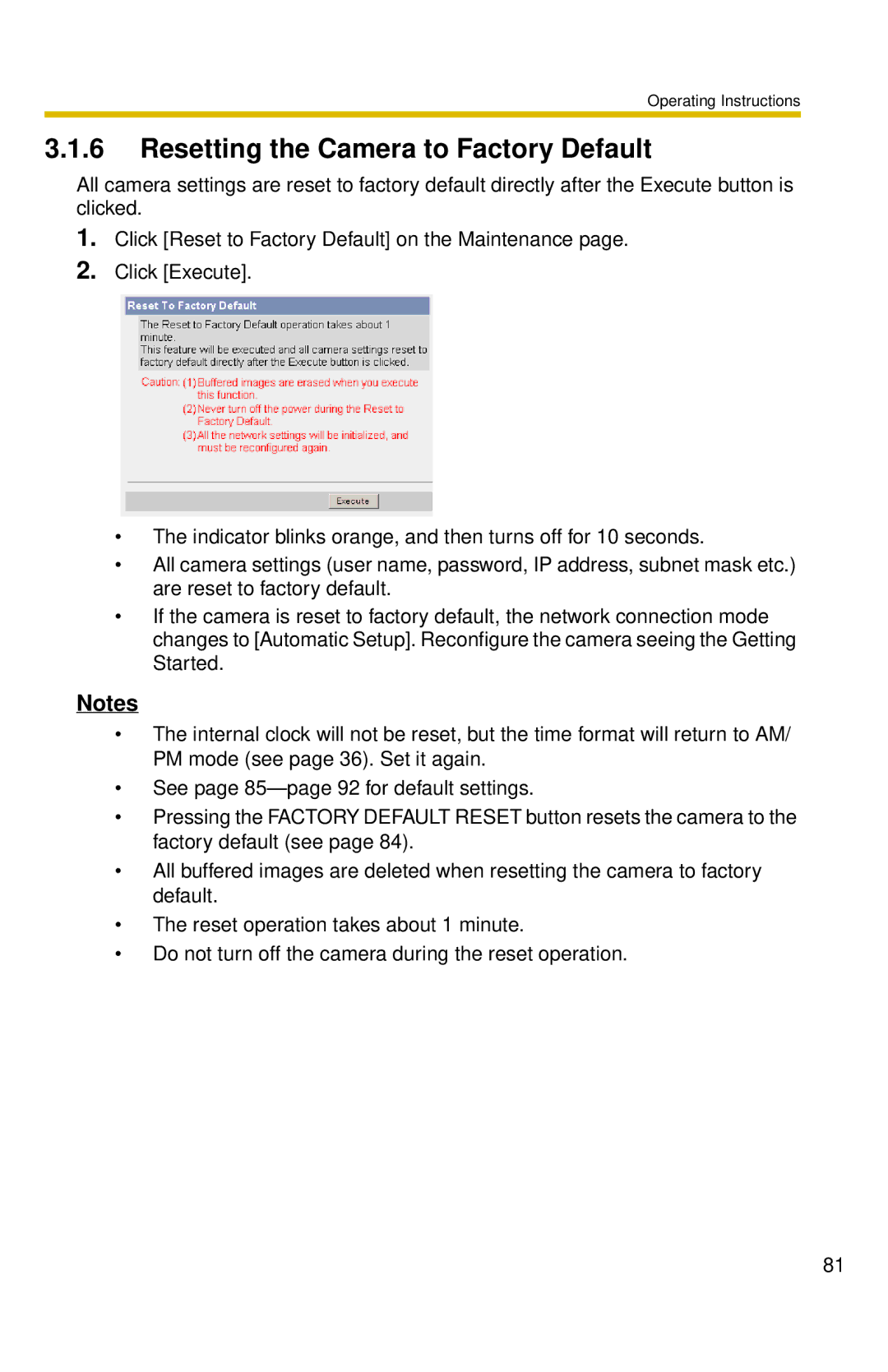 Panasonic BL-C10 operating instructions Resetting the Camera to Factory Default 