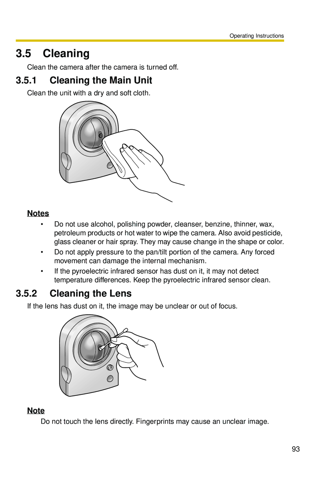 Panasonic BL-C10 operating instructions Cleaning the Main Unit, Cleaning the Lens 