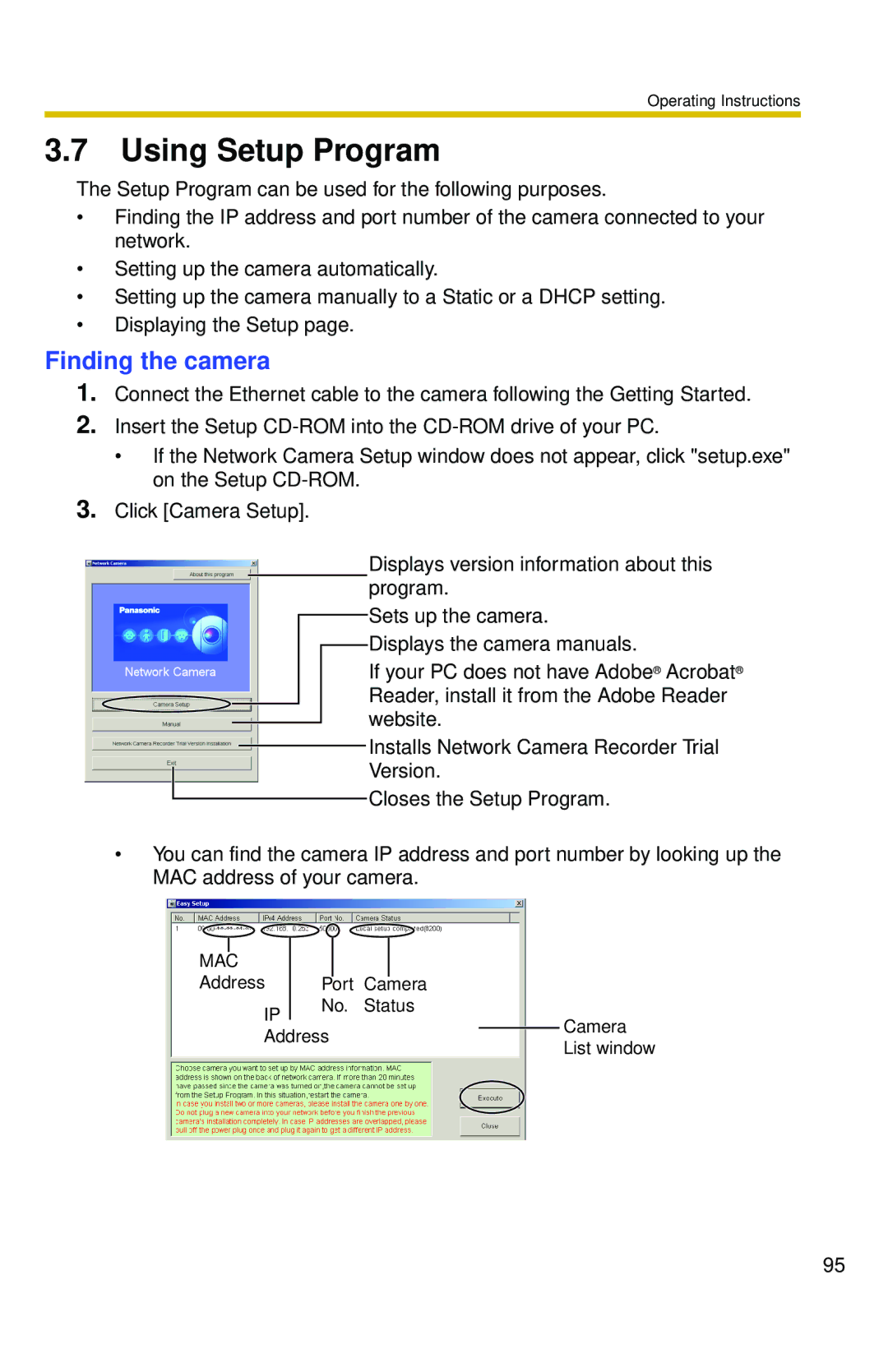 Panasonic BL-C10 operating instructions Using Setup Program, Finding the camera 