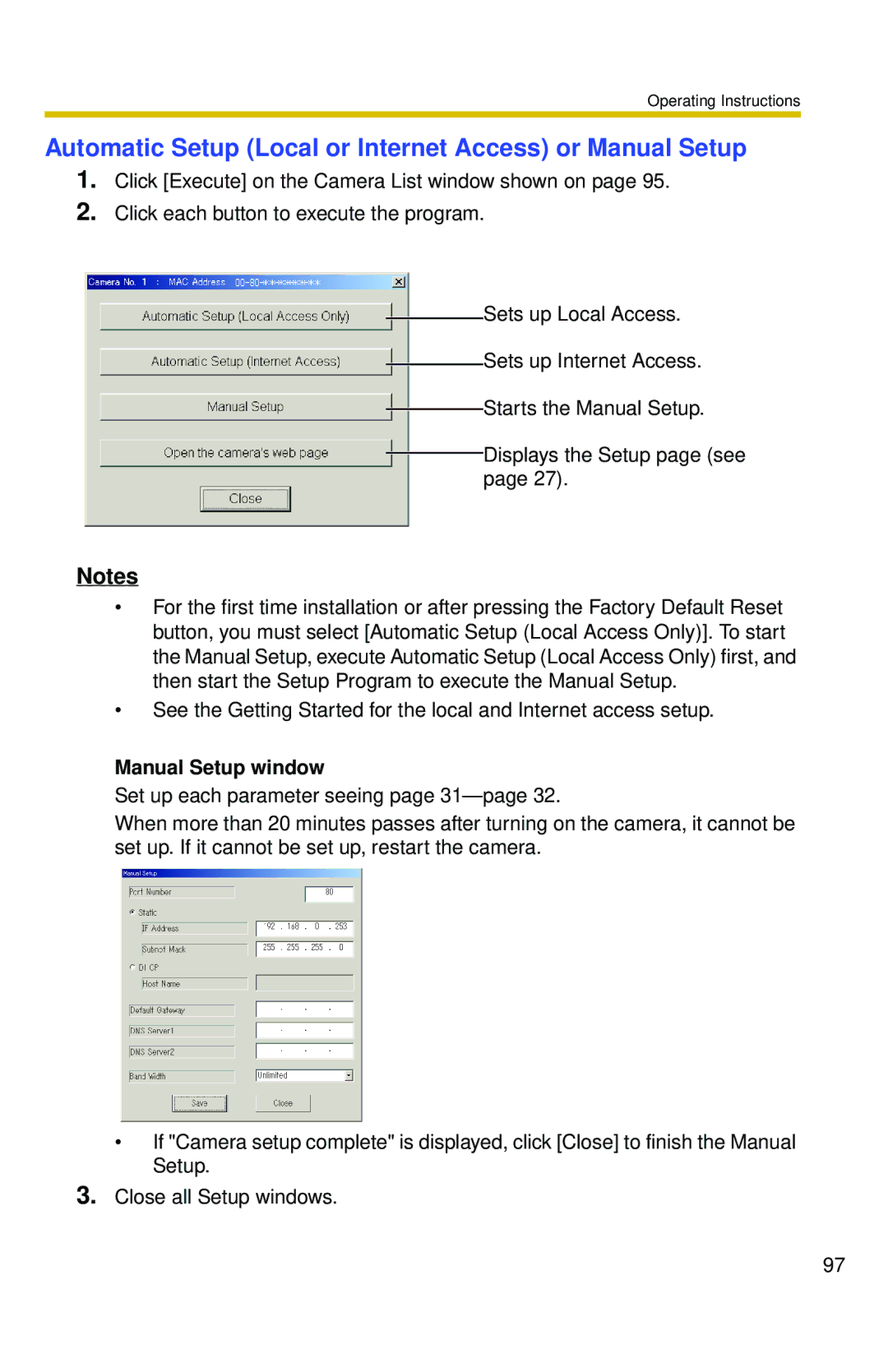 Panasonic BL-C10 operating instructions Automatic Setup Local or Internet Access or Manual Setup, Manual Setup window 