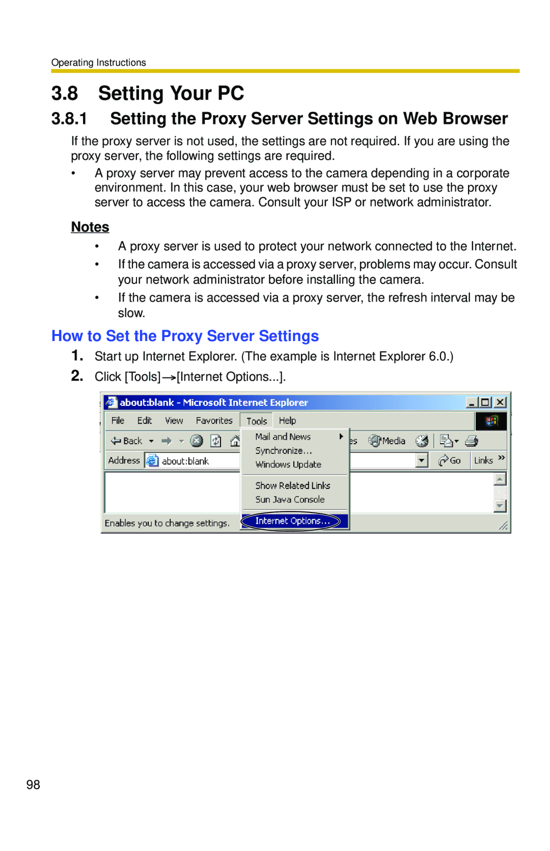 Panasonic BL-C10 Setting Your PC, Setting the Proxy Server Settings on Web Browser, How to Set the Proxy Server Settings 