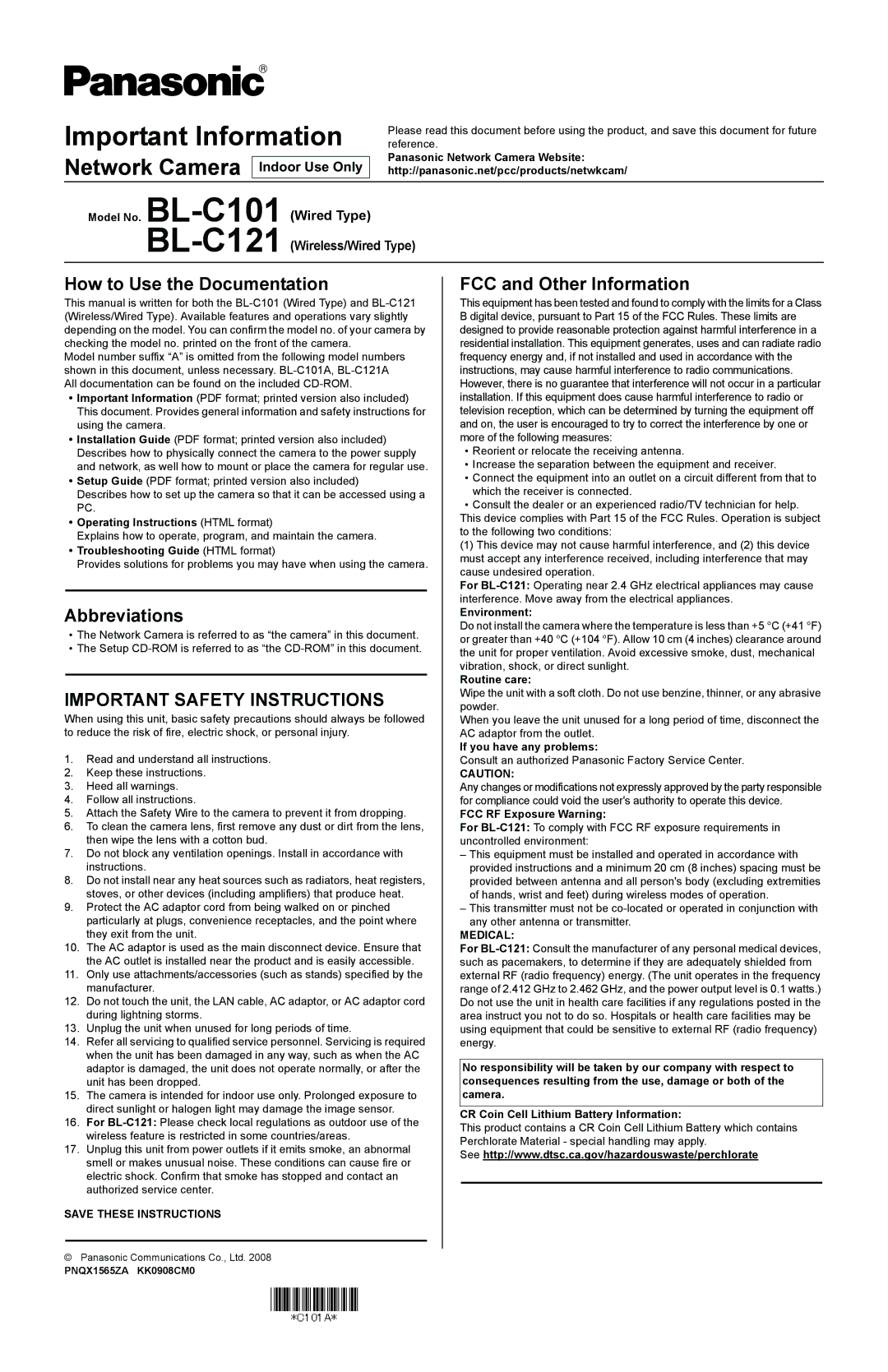 Panasonic BL-C121 important safety instructions How to Use the Documentation, Abbreviations, FCC and Other Information 