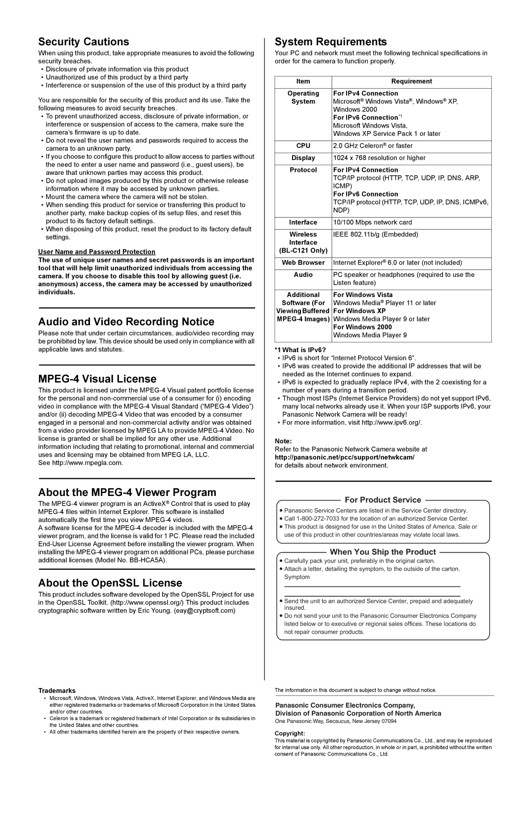 Panasonic BL-C101 Security Cautions, Audio and Video Recording Notice, MPEG-4 Visual License, About the OpenSSL License 