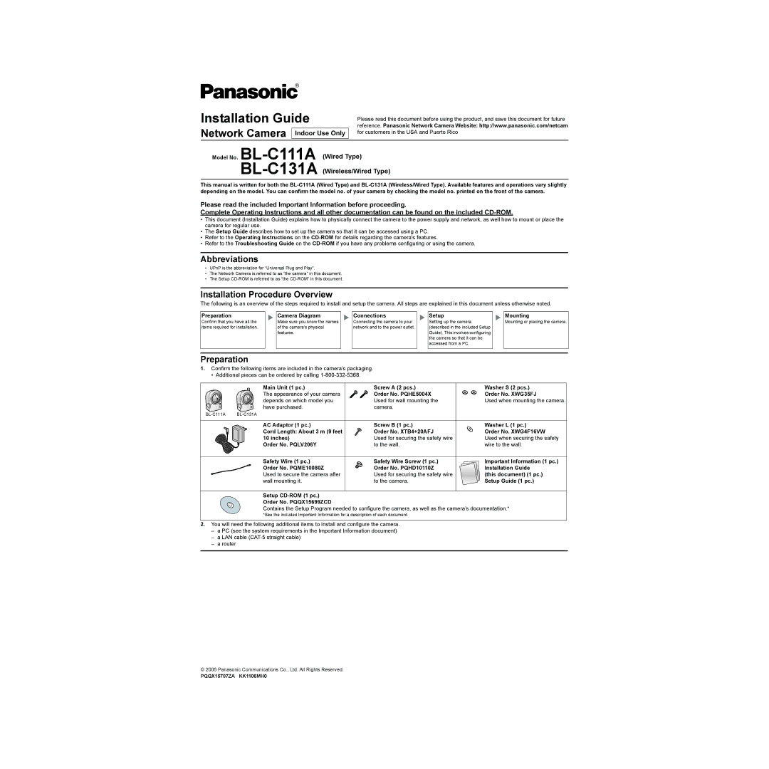 Panasonic BL-C111A, BL-C131A operating instructions Abbreviations, Installation Procedure Overview, Preparation 