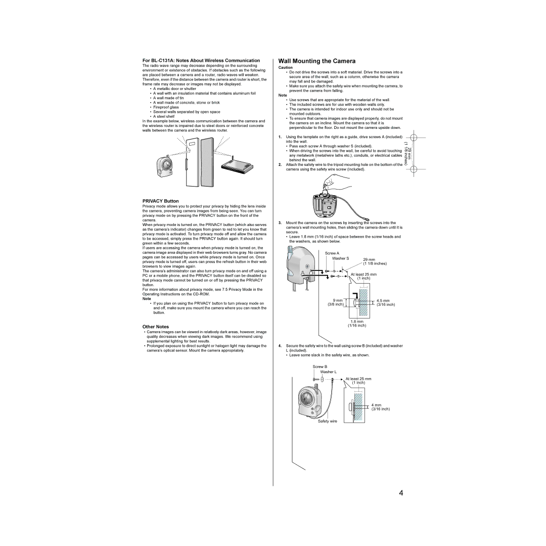 Panasonic Wall Mounting the Camera, For BL-C131A Notes About Wireless Communication, Privacy Button, Other Notes 